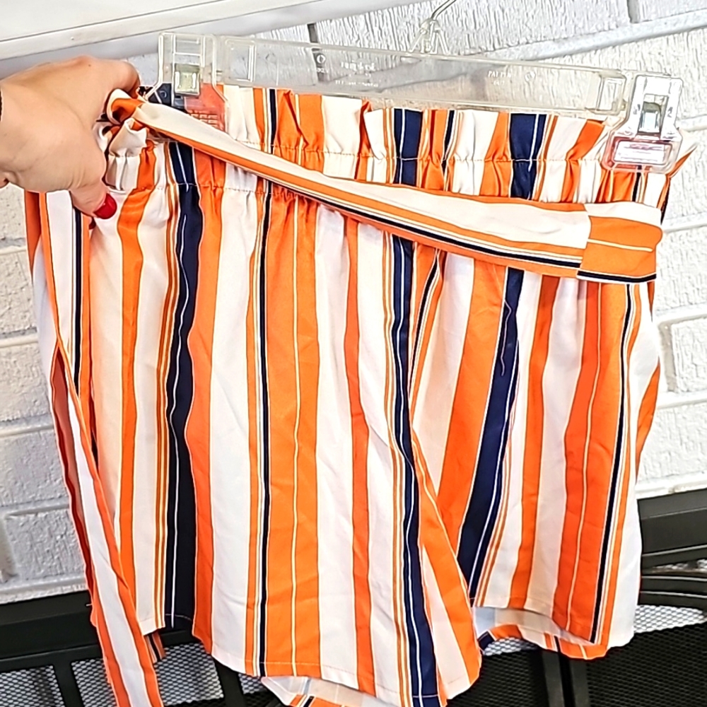 Size M-Shein High Waist Belted Striped Shorts